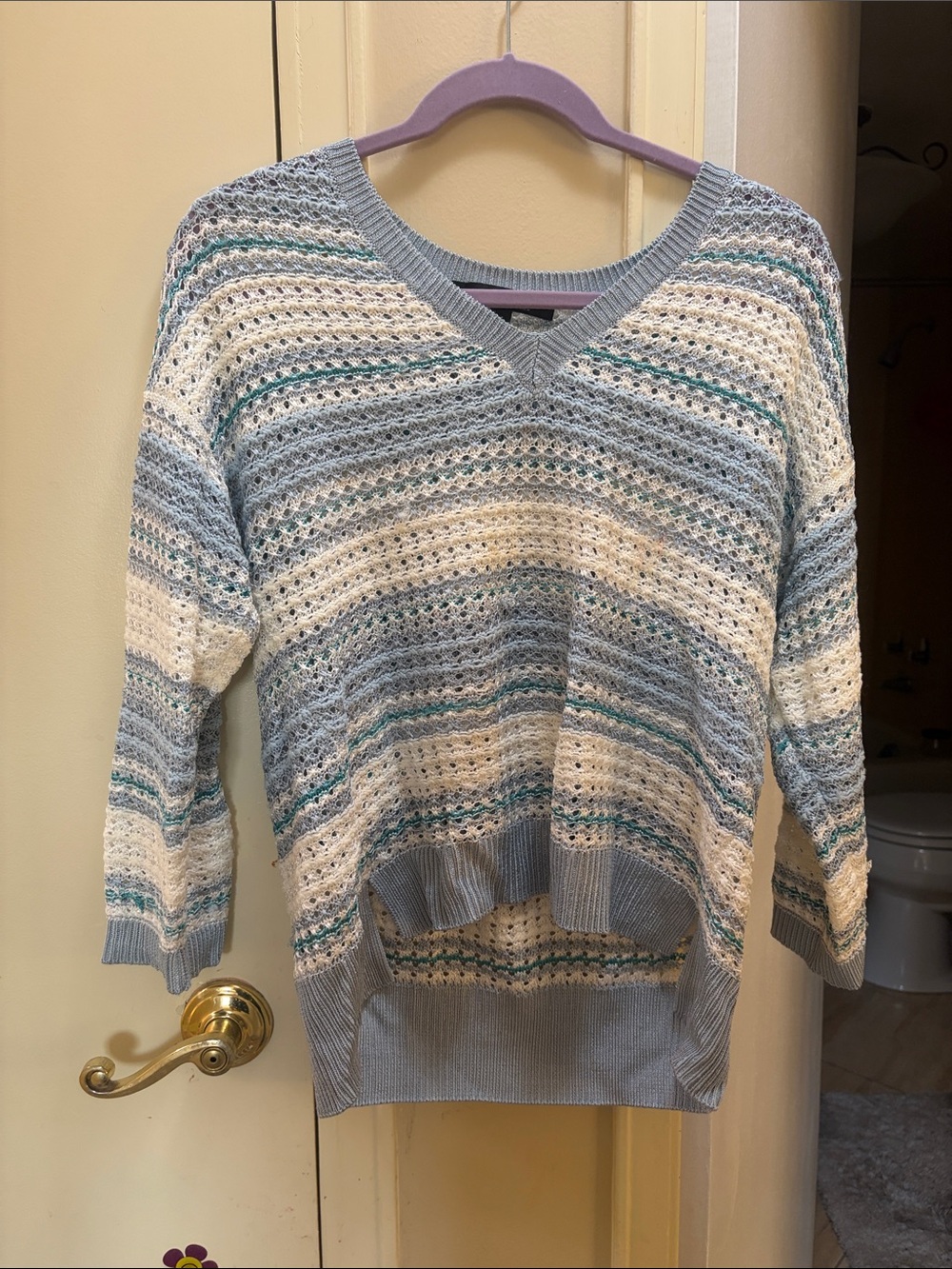 White House Black Market Blue, Cream & Teal Striped V-Neck Sweater